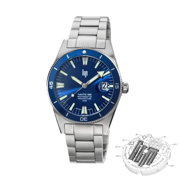 Zegarek męski LIP Nautic 666 Automatique niebieski na bransolecie 39 mm 676052
