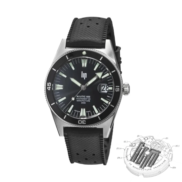 Zegarek męski LIP Nautic 666 Automatique czarny na pasku 39 mm 676050