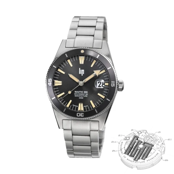 Zegarek męski LIP Nautic 666 Automatique czarny na bransolecie 39 mm 676053