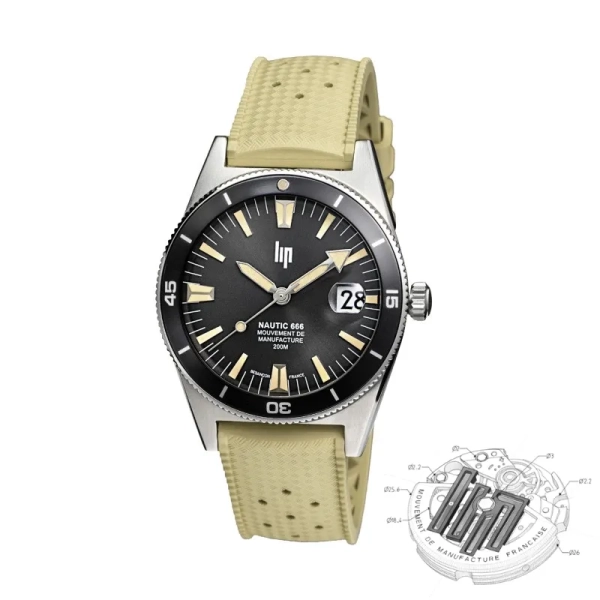 Zegarek męski LIP Nautic 666 Automatique czarny na piaskowym pasku 39 mm 676054